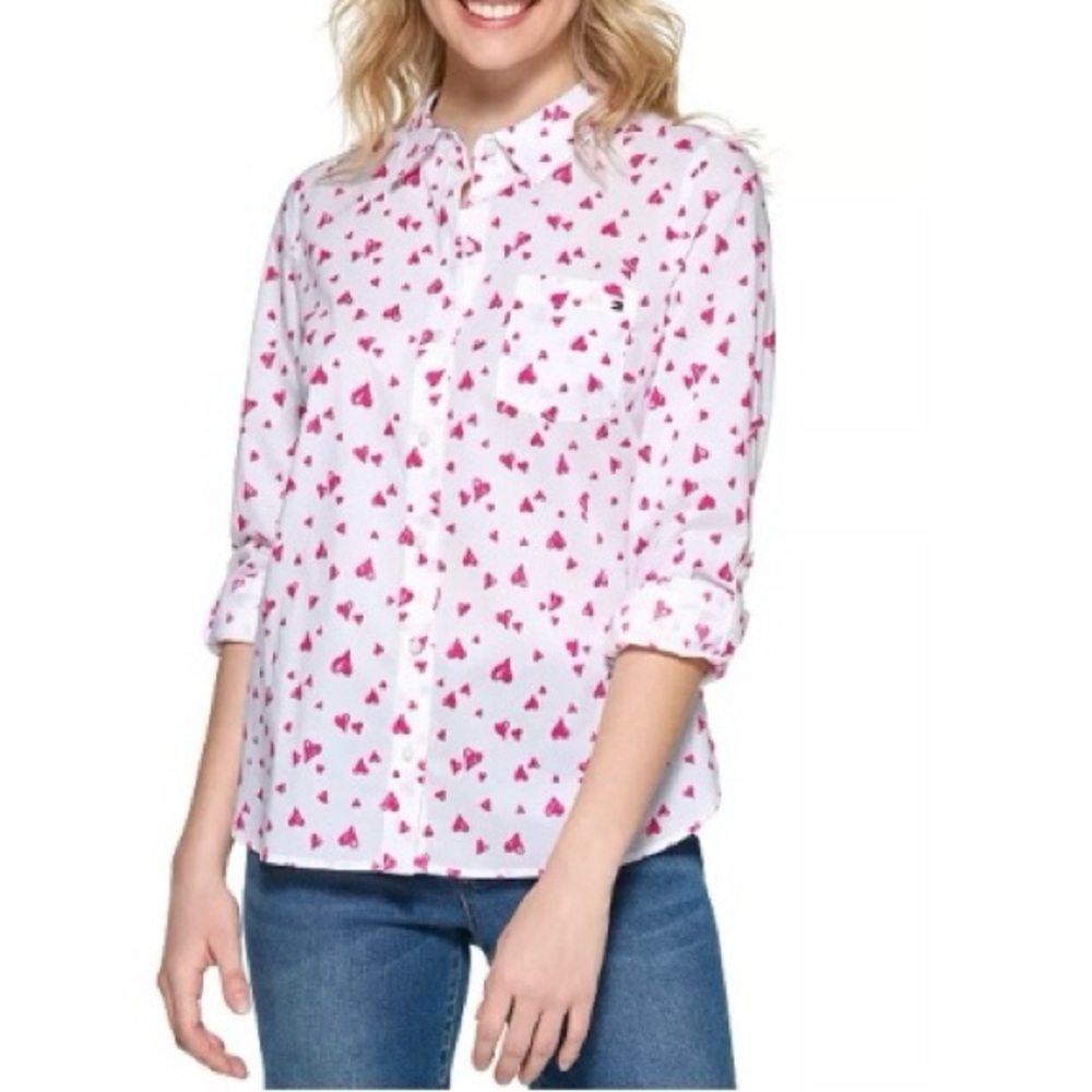 Tommy Hilfiger Flutter Hearts Button Down Blouse (NWT) (Size: Medium) - Picture 1 of 9